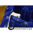 Középkék színű, PÖRGŐS, bordűrös, kékfestő mintájú néptáncos szoknya gumis derékkal (290 cm körben)