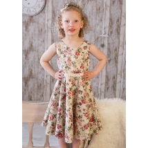 Lányka nyári ruha, bézs, pirosrózsa mintás