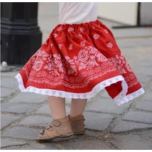 Bordűrös, PÖRGŐS, pirosfestő mintájú néptáncos szoknya gumis derékkal (290 cm körben) Bordűrös, PÖRGŐS, pirosfestő mintájú néptáncos szoknya gumis derékkal (290 cm körben)