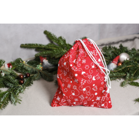 Piros, indás karácsonyi textil ajándéktasak fehér pikkpakk zsinórral