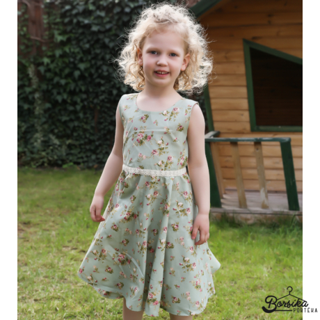 Kislány nyári ruha, virágmintás, halványzöld, 110-016, Borsika Portéka