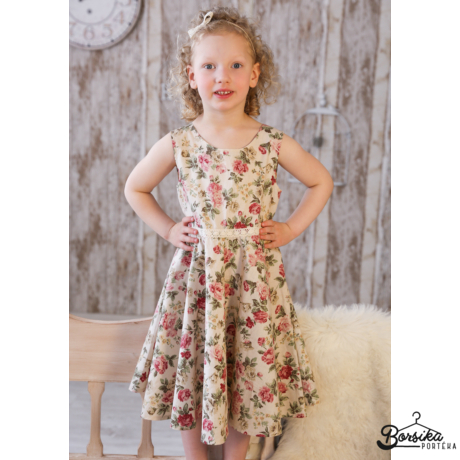 Lányka nyári ruha, bézs, pirosrózsa mintás, 146, Borsika Portéka