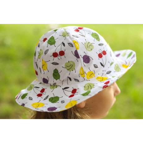 Széles karimájú, színes, gyümölcsös baba, lány, női kalap, sapka, Borsika Portéka